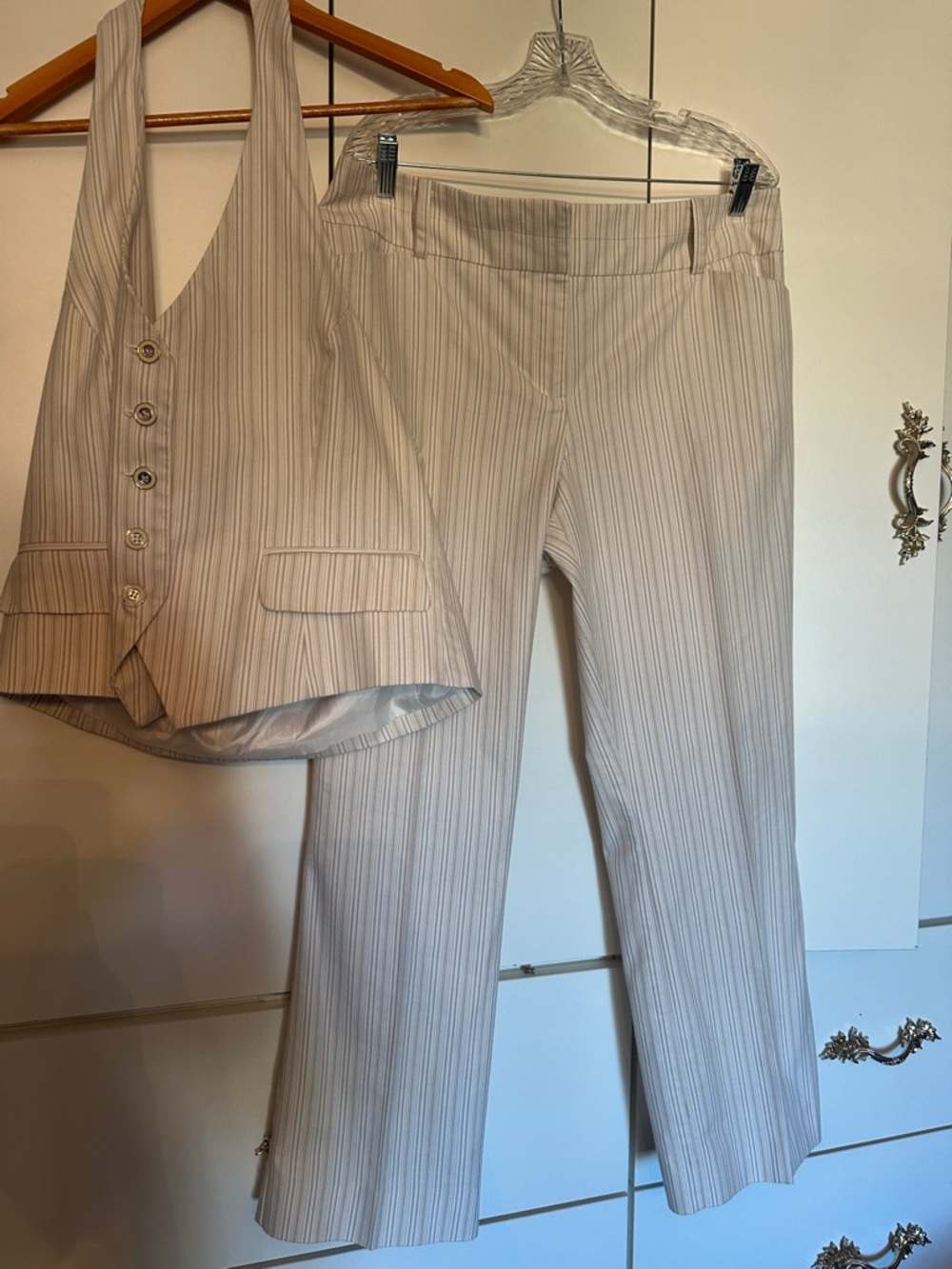 Light Pinstripe Two-Piece Vest & Pants Set - Beige/Light Taupe! Summer set!